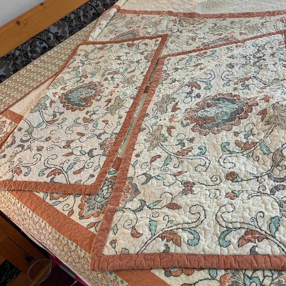 Floral Medallion Reversible Quilt Set Terracotta Teal Cream 3‎ Piece Bedding Set